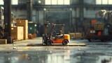 Miniature forklift moving boxes in a dimly lit warehouse environment