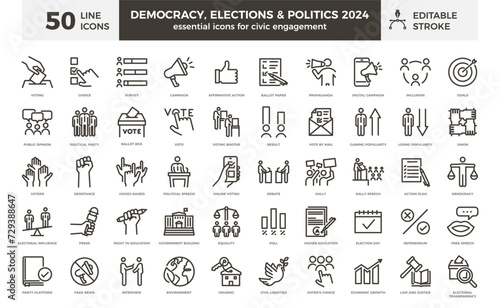 Democracy, elections and politics line icon set: 50 editable stroke vector icons for civic engagement. Ideal for the busy election year of 2024 and beyond. Go vote! photo