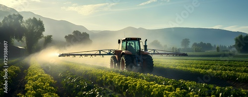 Agricultural tractor spraying field: crop maintenance and farming technology. Generative AI. photo