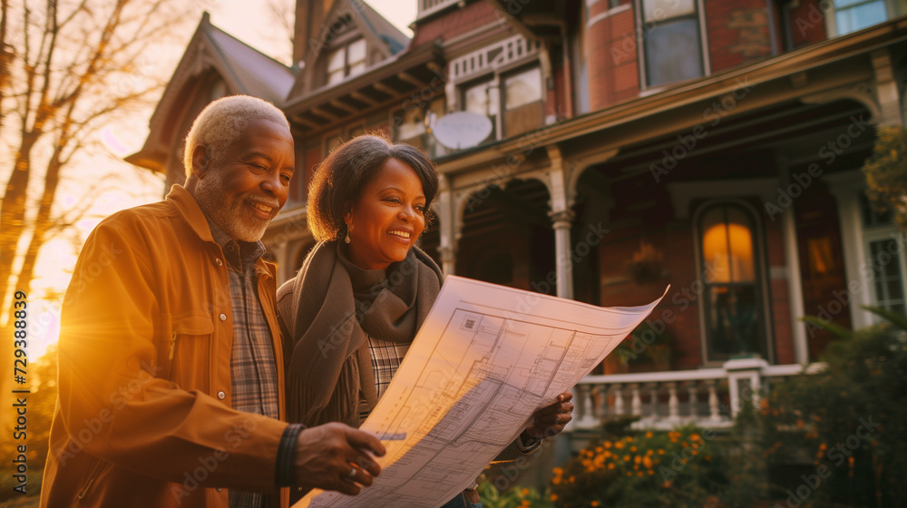  Smiling African American couple holding blueprints in front of house during sunset