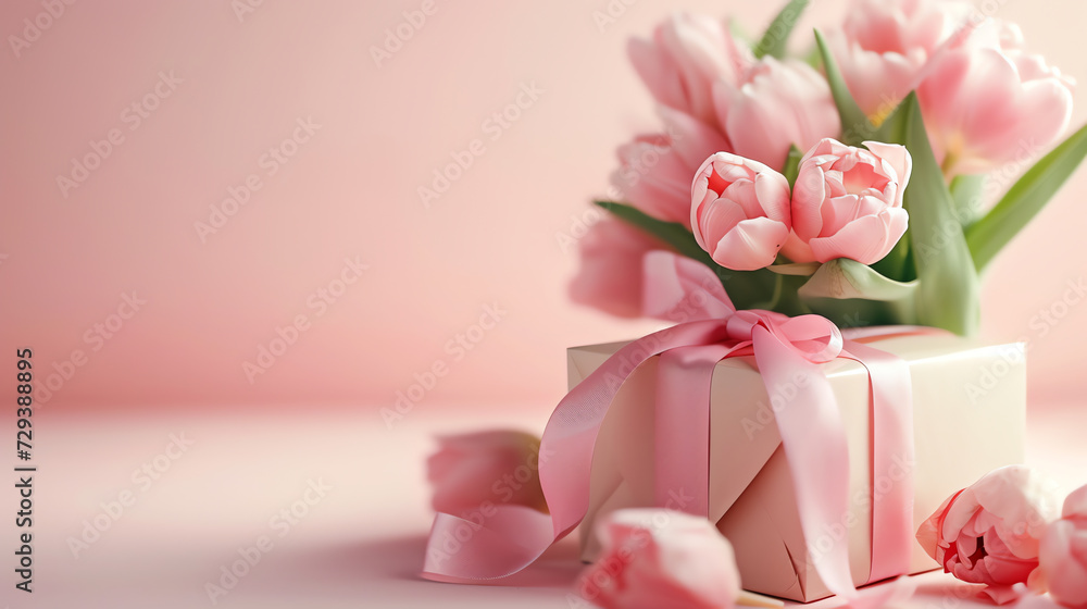Bouquet of tulips and gift box on bokeh background
Bouquet of tulips and gift box on bokeh background