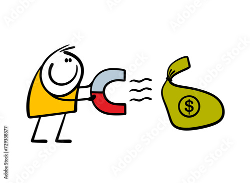 Doodle businessman holds out bag of money and holds a magnet. Vector illustration of financial well-being and commercial success in business and work. Isolated caricature on white background.