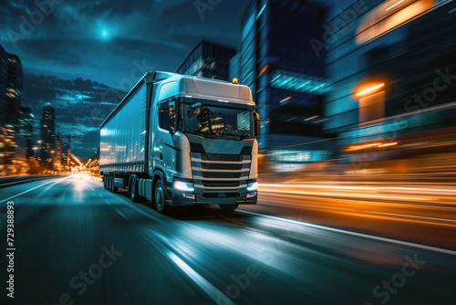 A modern commercial truck driving down a city street at night