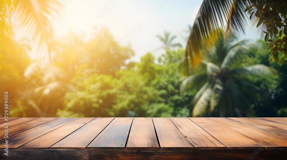 Warm wooden table in the foreground with a vibrant jungle scene.  Mockup table for product display. 