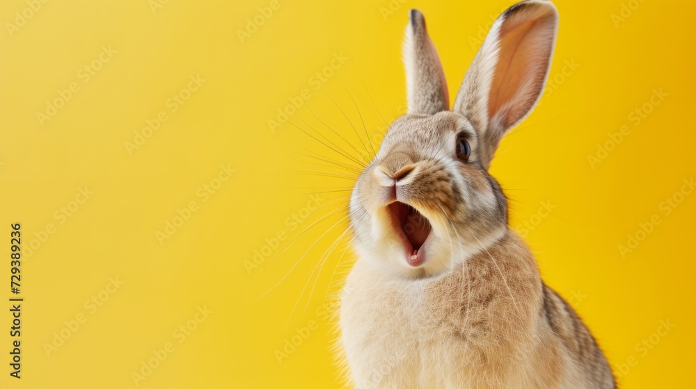 Happy funny excited rabbit hare with long ears and wide open mouth on bright background, banner with copy space - obrazy, fototapety, plakaty 