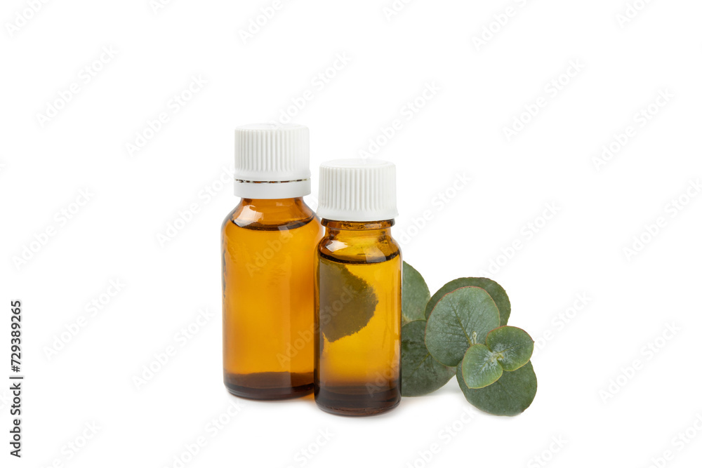 Eucalyptus essential oil in a glass bottle with green eucalyptus leaves isolated on white background. Aromatherapy. Spa. Concept of natural cosmetology and beauty industry. Eucalyptus essential oil in a glass bottle with green eucalyptus leaves isolated on white background. Aromatherapy. Spa. Concept of natural cosmetology and beauty industry.