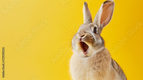 Happy funny excited rabbit hare with long ears and wide open mouth on bright background, banner with copy space photo