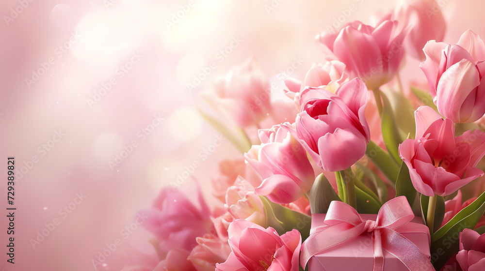 Bouquet of tulips and gift box on bokeh background
Bouquet of tulips and gift box on bokeh background