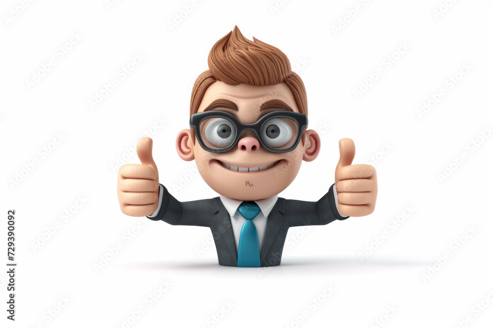 3d funny character cartoon sympathetic looking business man dear person in suit with glasses and tie blue colour shirt thumbs up isolated on white background 