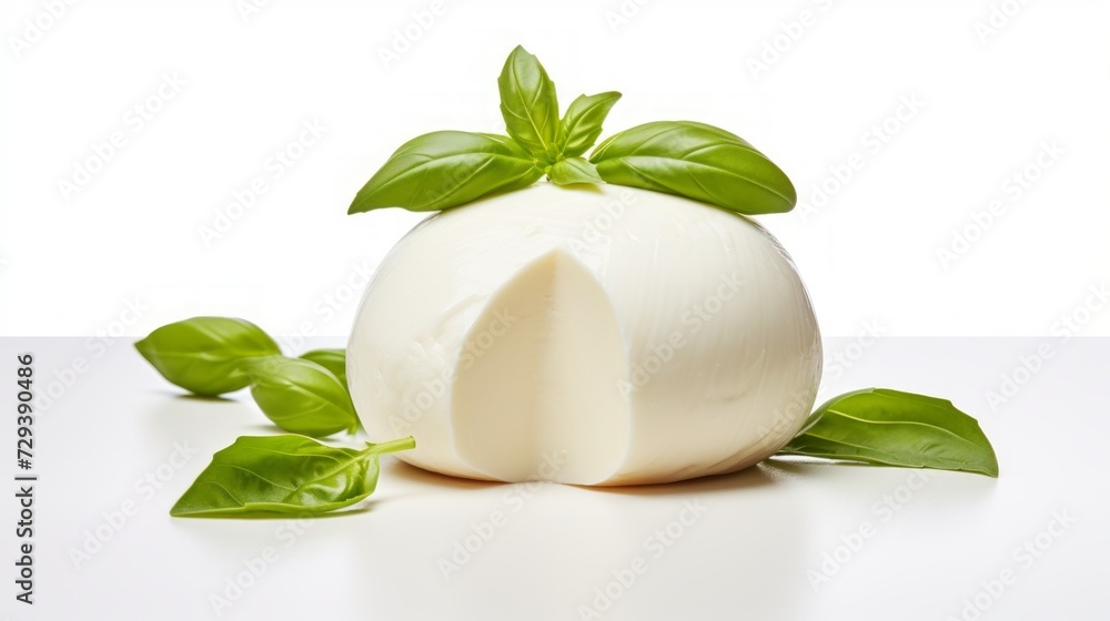 A mild mozzarella cheese captured in a close-up realistic photo against a white background Generative AI A mild mozzarella cheese captured in a close-up realistic photo against a white background Generative AI
