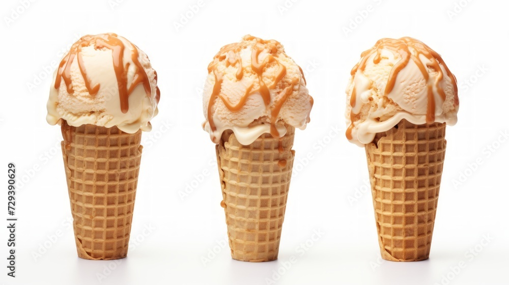 A trio of salted caramel ice cream scoops captured in a close-up realistic photo against a white background Generative AI A trio of salted caramel ice cream scoops captured in a close-up realistic photo against a white background Generative AI