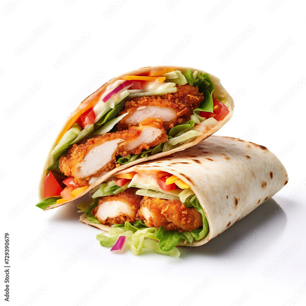 chicken crispy wrap with salad on white background isolated, Generative AI chicken crispy wrap with salad on white background isolated, Generative AI