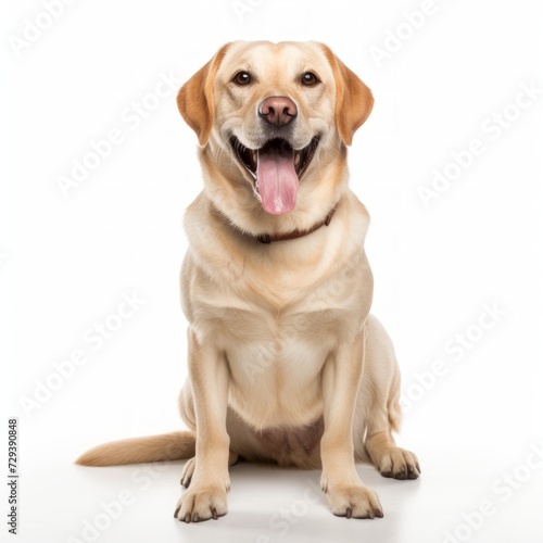 Cheerful Labrador Retriever sitting on a white background  wagging tail  joyful expression Generative AI
