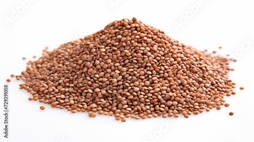 Close-up realistic photo featuring a small heap of buckwheat groats on a white background Generative AI