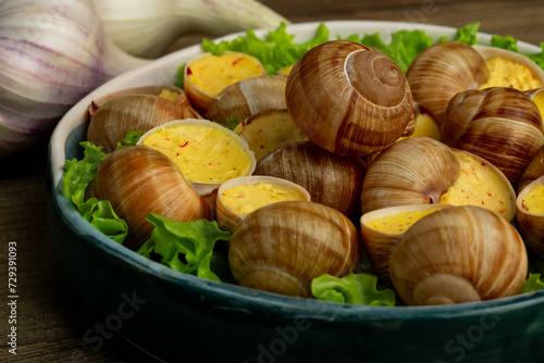 snails with greens in a bowl and with a garlic on the background