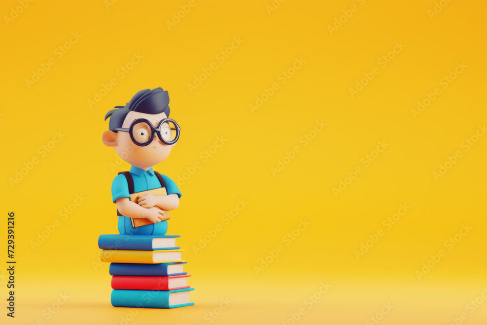 Side view happy cartoon character student glasses blue shirt with books over yellow background with copy space. 