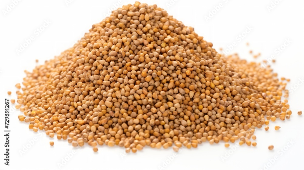 Close-up realistic photo of a small mound of millet seeds on a white background Generative AI Close-up realistic photo of a small mound of millet seeds on a white background Generative AI
