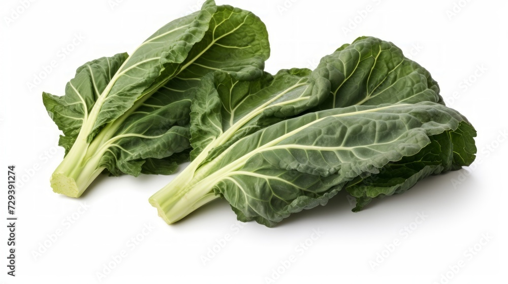 Close-up realistic photo of three fresh, green collard greens on a white background Generative AI Close-up realistic photo of three fresh, green collard greens on a white background Generative AI
