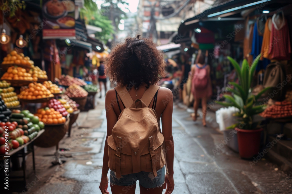 A young woman with a yellow backpack is walking along a busy market street. A beautiful young girl passes by various stalls and shops