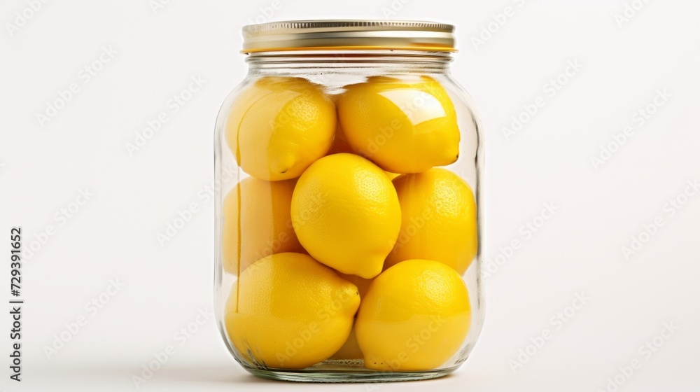 Glass jar filled with vibrant yellow lemons, close-up realistic photo against a white background Generative AI Glass jar filled with vibrant yellow lemons, close-up realistic photo against a white background Generative AI