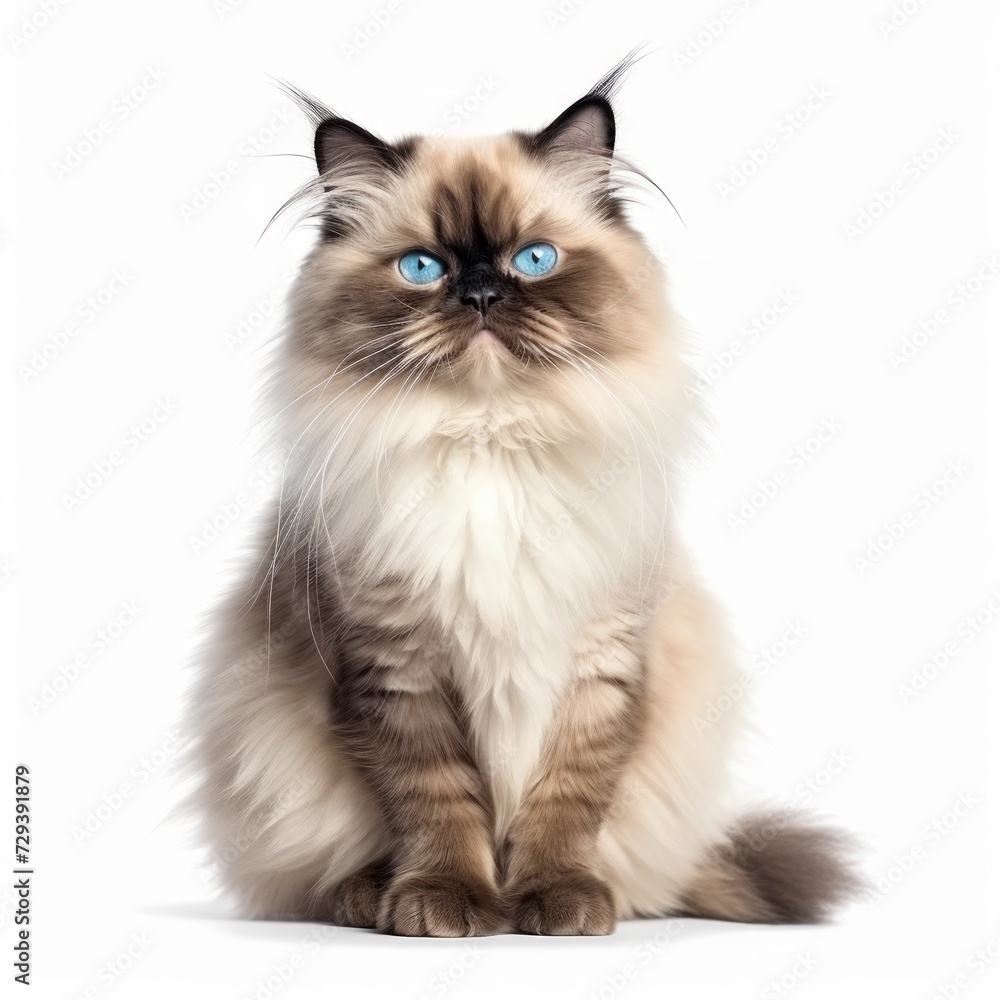 Realistic photo of a Himalayan cat on a white background, long fur, blue eyes, calm and gentle demeanor Generative AI Realistic photo of a Himalayan cat on a white background, long fur, blue eyes, calm and gentle demeanor Generative AI