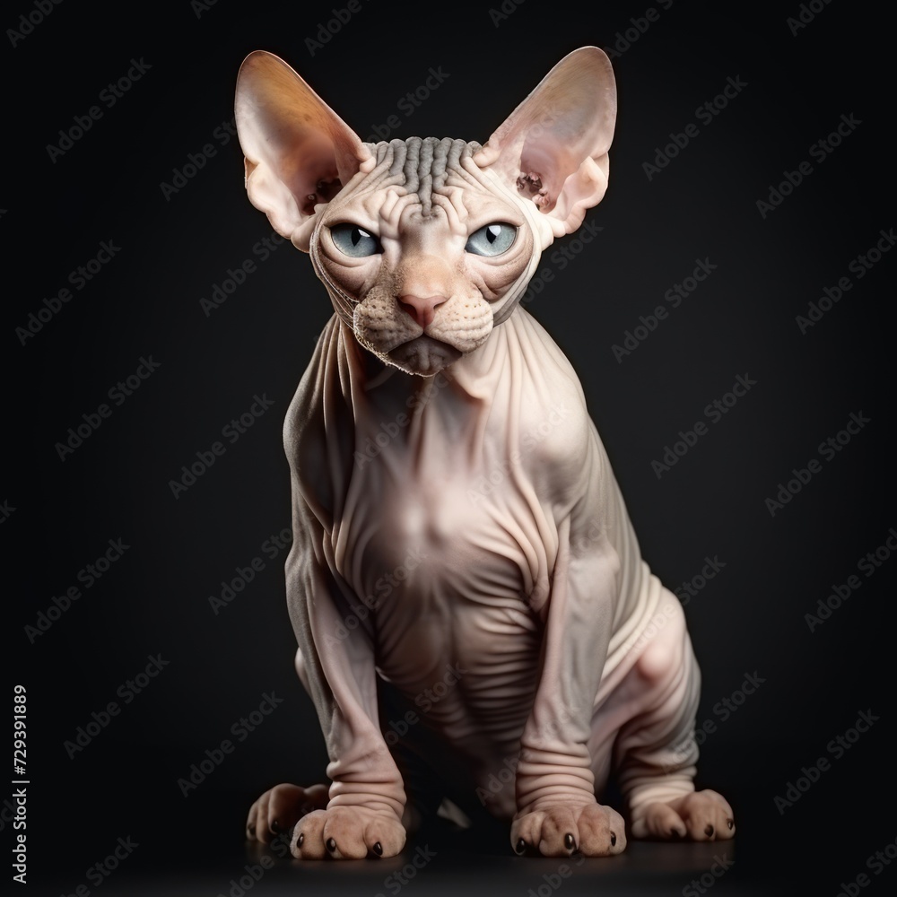 Realistic photo of a Sphinx cat on a white background, hairless breed, elegant body, intelligent and sleek appearance Generative AI
