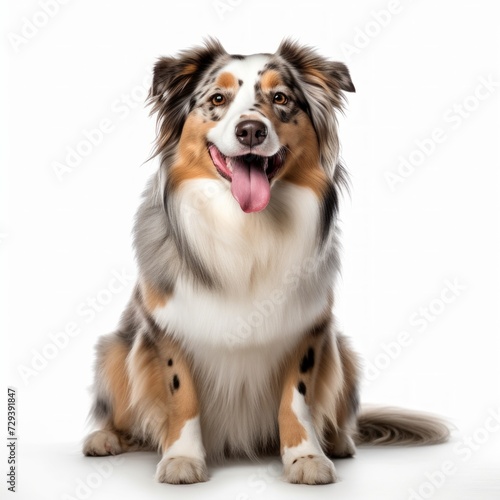 Realistic photo of a Australian Shepherd on a white background, colorful coat, intelligent expression, energetic and loyal temperamen Generative AI