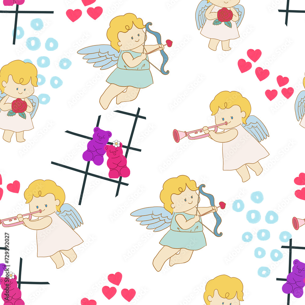 Valentine party doodle cupid seamless pattern charracter cartoon for wedding card, valentine 's day, interior design Valentine party doodle cupid seamless pattern charracter cartoon for wedding card, valentine 's day, interior design