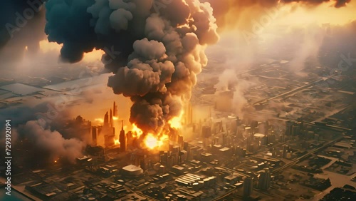 Aerial view of massive explosions and power plant fires. photo
