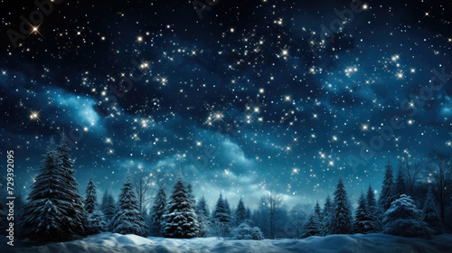 Winter Snowy Evening. Trees Glistening Under Starry Sky and Snowfall