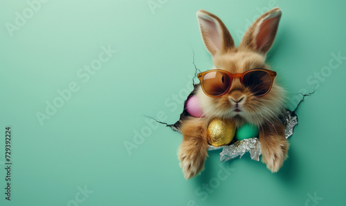 Easter Bunny peeking out of a hole with chocolate easter eggs on pastel wall banner, Generative AI