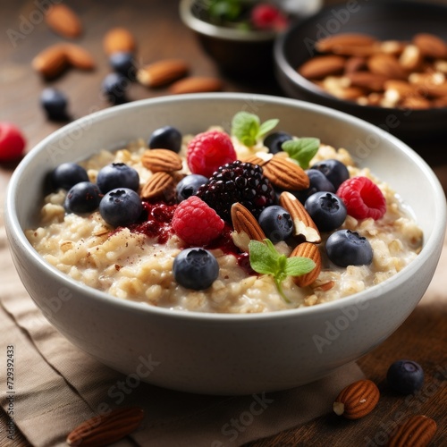 Stock image of a bowl of oatmeal topped with nuts, seeds, and berries, a healthy and wholesome breakfast Generative AI