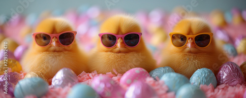 Easter chicks with glasses on a pastel background, surrounded by chocolate easter eggs, Generative AI photo