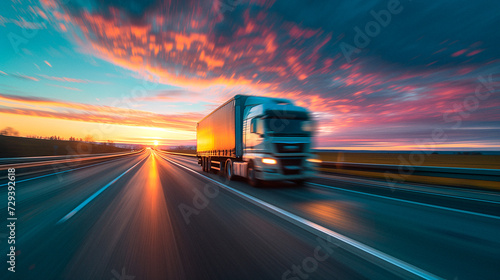 Lastwagen, LKW, Transport, Logistik, Straße, Autobahn, Weltweit, Industrie, Versorgung, Sonnenuntergang, Container, Verkehr, Lieferung, Container, Frachtgut, Spedition, Semi, Sonnenaufgang, Morgen