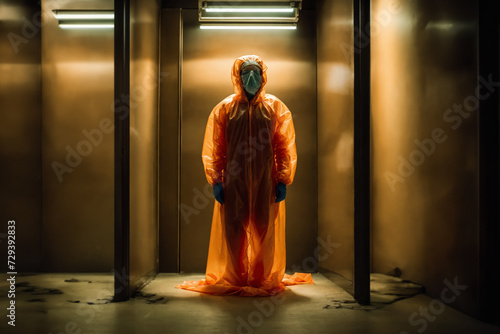 Un homme en habits oranges de plastique seul dans un entrepôt - generative AI photo