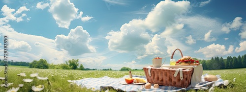A serene blue sky dotted with fluffy white clouds, a perfect backdrop for a peaceful afternoon picnic