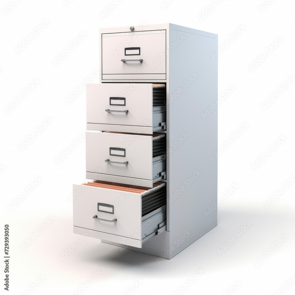 Stock image of a filing cabinet on a white background, organized, storage solution for documents Generative AI Stock image of a filing cabinet on a white background, organized, storage solution for documents Generative AI