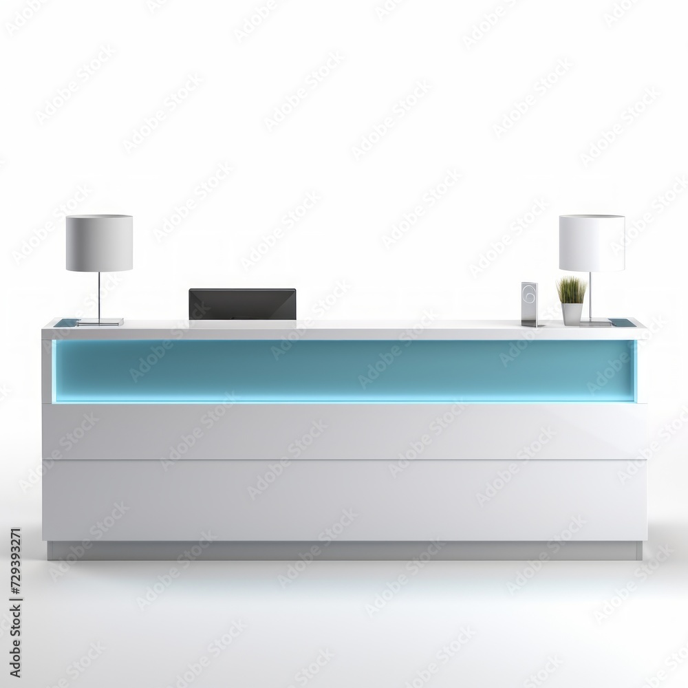 Stock image of a modern reception desk on a white background, sleek, welcoming front desk Generative AI Stock image of a modern reception desk on a white background, sleek, welcoming front desk Generative AI