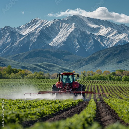 Red tractor sprays pesticide on soybean field during spring There are mountains in the background , ai generated