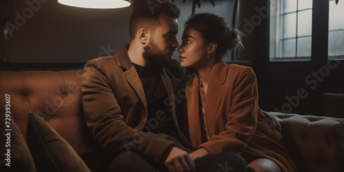 Young couple in neautral tones sit in a cosy intimate setting looking lovingly into each others eyes, seated on sofa in shadow