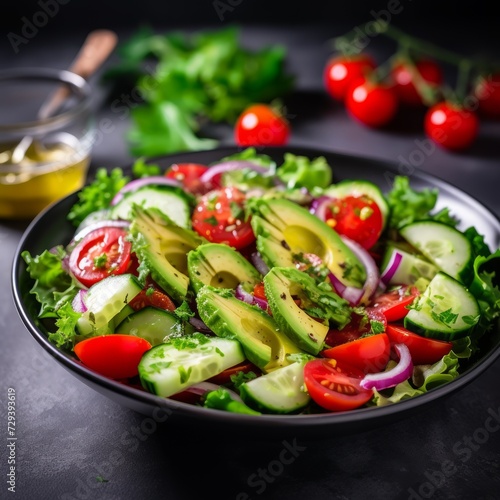 Stock image of a vegetable salad with mixed greens, tomatoes, cucumbers, and avocado, fresh and appetizing Generative AI