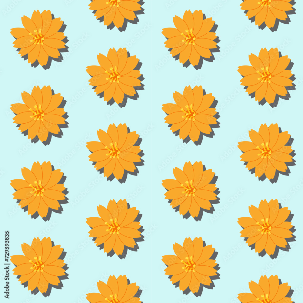 A seamless pattern of Cosmos on a blue background in a spring minimal floral concept, Vector A seamless pattern of Cosmos on a blue background in a spring minimal floral concept, Vector