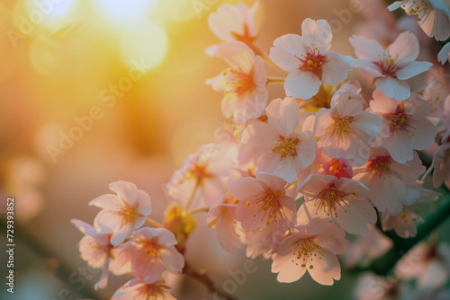 Cherry blossoms in full bloom with delicate petals and bright pink and white colours