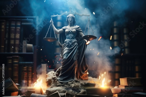 statue of justice holding a scale on fire in the midst of books