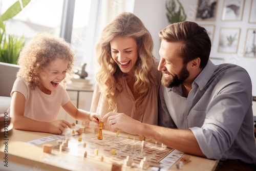 A happy family playing a board game at home. Concept of educational games for a child photo