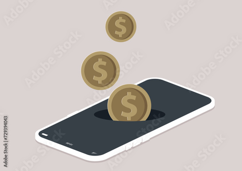 A creative representation of the concept of generating income through mobile technology, with coins appearing to emerge from a smartphone screen