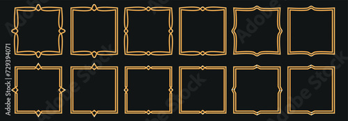 A set of gold metal square frames. In the style of the medieval, Art Deco, Elvish. Thin volumetric borders with a simple pattern. Vector elements for applications, websites, typography