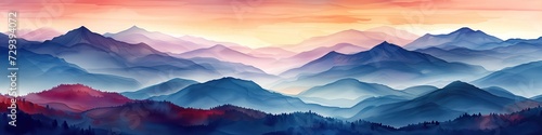 Horizontal landscape watercolor art banner, background, splash screen, header. Summer, spring, autumn illustration in doodle style photo