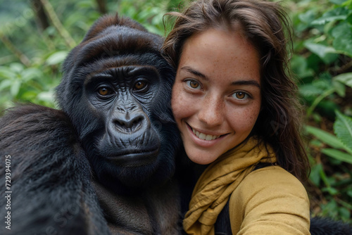 Gorilla Posing with Beautiful Young Brunette Woman with Freckles. Generative AI image.