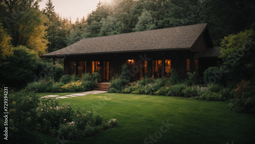 In the heart of a beautiful forest, surrounded by old trees and lush green landscapes, stands a quaint wooden cabin, a perfect retreat for a summer day in natures captivating embrace of the wilderness © Roman